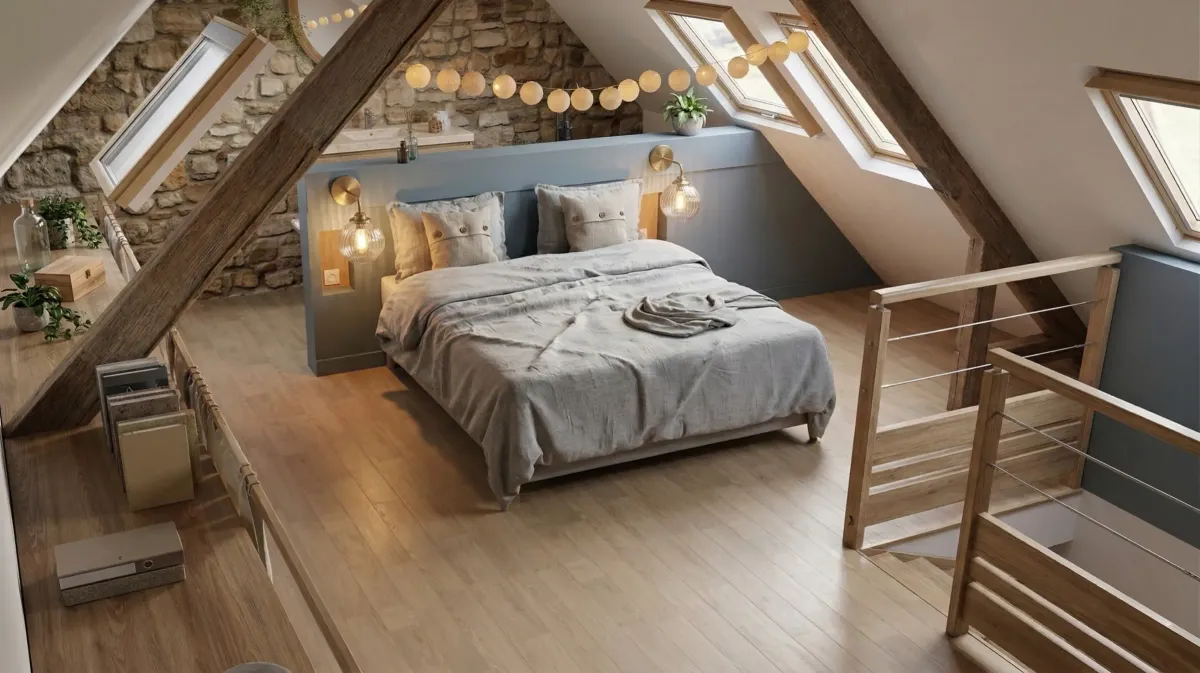 Rénovation maison de pêcheur Île-aux-Moines - Suite parentale combles avec baignoire vue Golfe du Morbihan