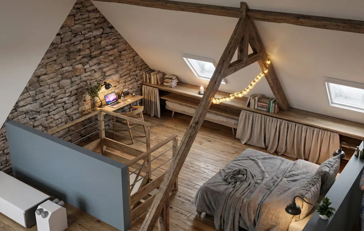 Rénovation Île-aux-Moines Morbihan - Suite parentale avec fenêtres de toit vue Golfe