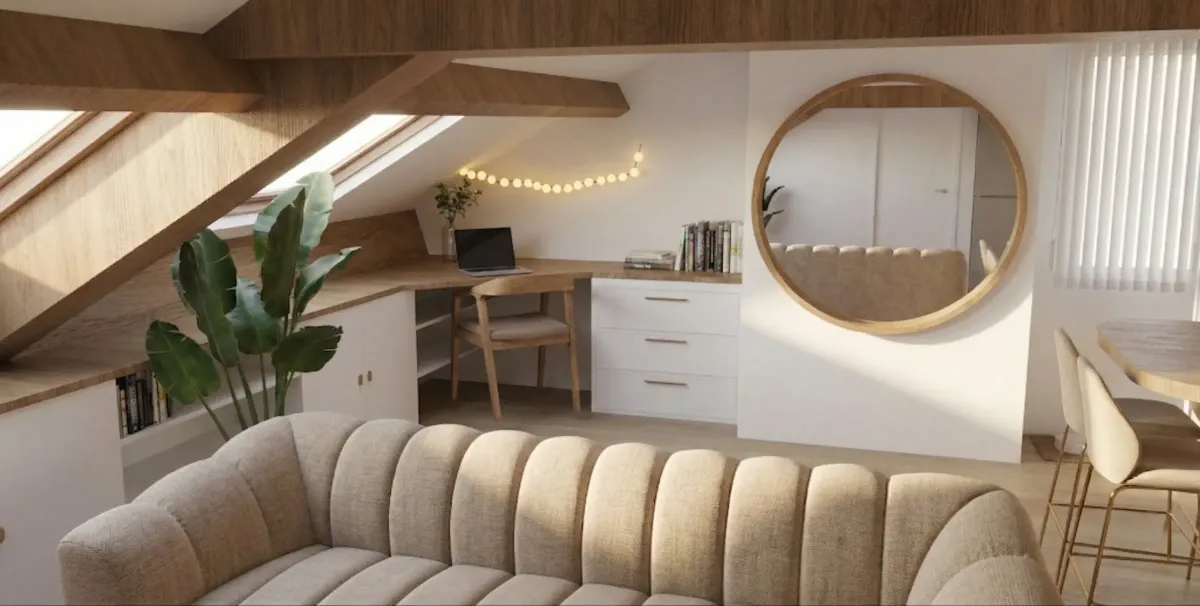 Rénovation sous les toits Vannes - Séjour unifié revêtement aspect bois