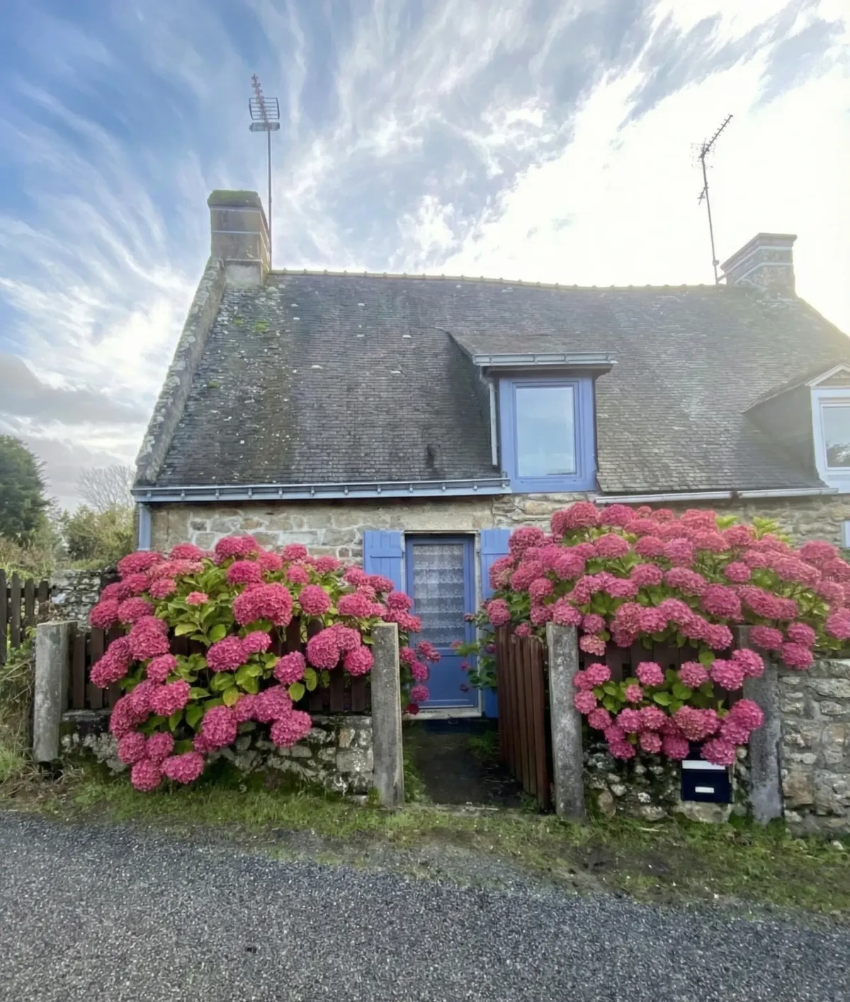 Rénovation complète petite maison bretonne à l'Île-d'Arz - Rez-de-chaussée ouvert cuisine bleu-gris lumineuse