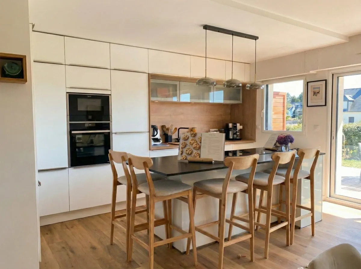 Rénovation complète T4 sur le port de Vannes - Pièce de vie traversante avec vue sur le port