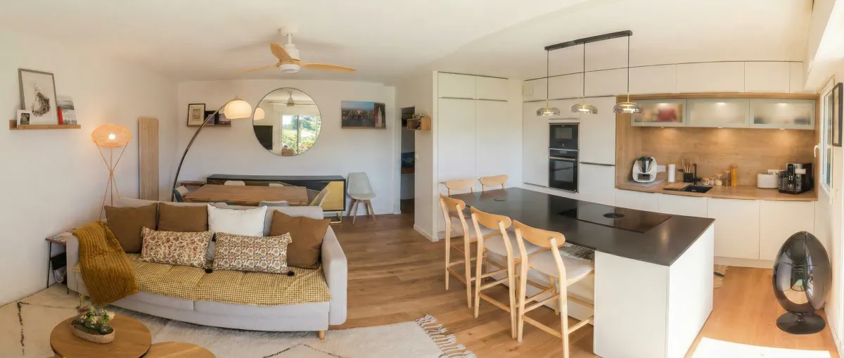 Rénovation Vannes - Panorama pièce de vie ouverte parquet massif